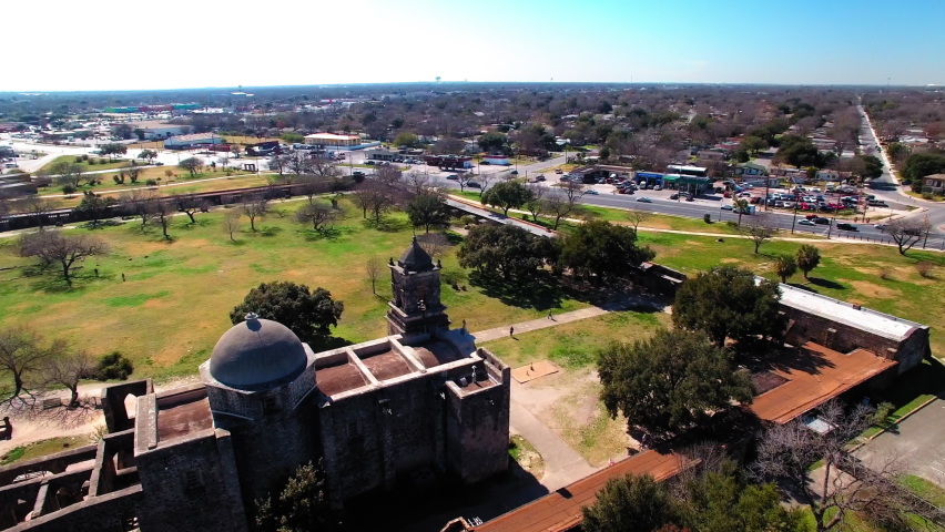 Aerial Panning Shot Of San Antonio Missions National Historical Park In City On Sunny Day