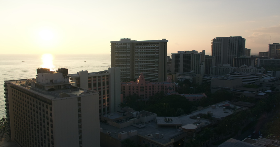 Timelapse Lockdown Of Sunset Over Waikiki Beach And Soaring Hotel Skyline - Honolulu, Hawaii