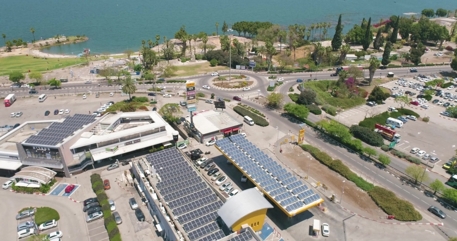 Aerial View of a shopping mall with solar panels, Zemach, Sea of Galilee, Israel.