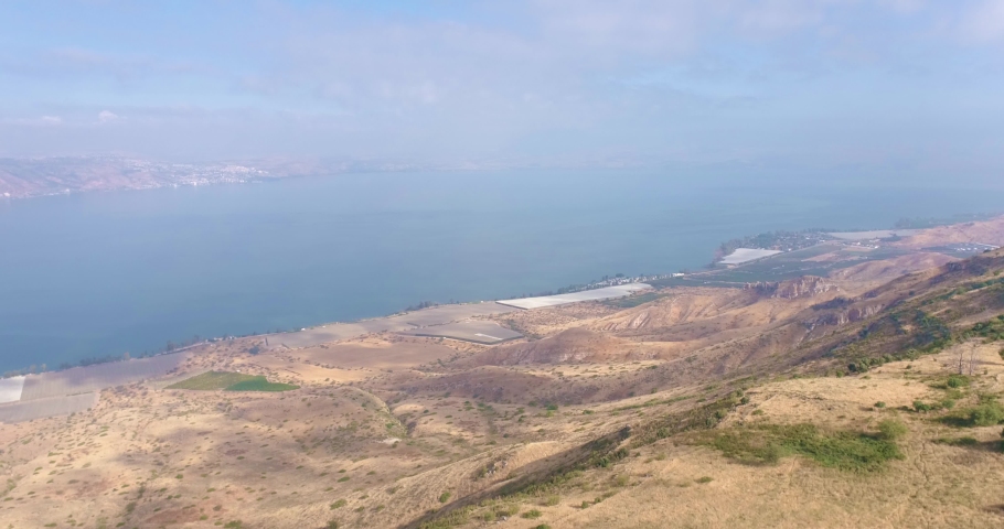 Aerial View of a lake and mountain side, Sea of Galilee, Israel.