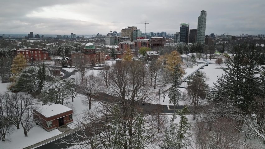 Aerial of Dominion astronomical observatory, Ottawa skyline in winter