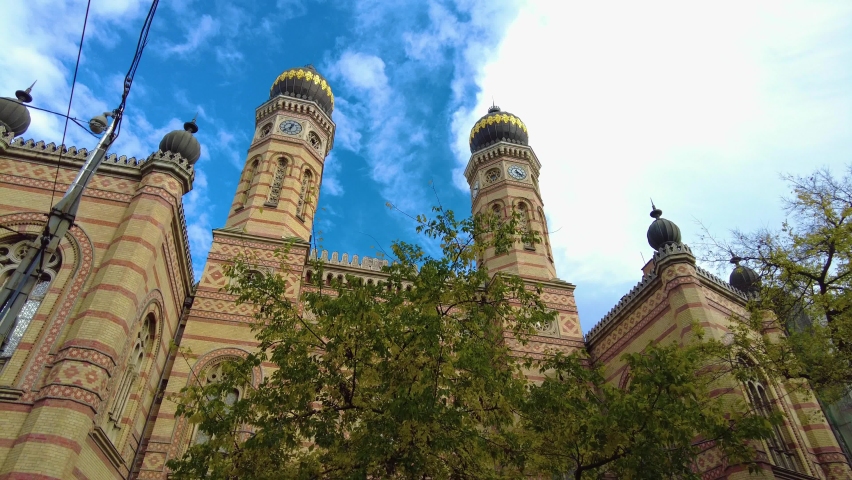 Pan across the Synagogue in Budapest, Hungary on a sunny day in autumn	