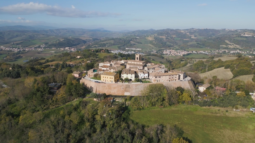 Italy, November 26, 2022: aerial footage in 4k 24fps of the medieval village god Montefabbri in the province of Pesaro in the Marche region Royalty-Free Stock Footage #1097348517