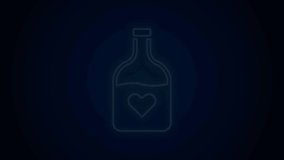 Glowing neon line Bottle with love potion icon isolated on black background. Happy Valentines day. 4K Video motion graphic animation.