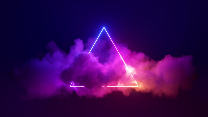 endless 3d animation. Minimalist neon background with glowing triangular shape and spinning cloud. Triangle of light in the night stormy sky, abstract thunder cumulus Royalty-Free Stock Footage #1097356475