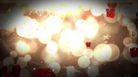 Animation of christmas presents and baubles falling over christmas fairy lights. Christmas, festivity, celebration and tradition concept digitally generated video.