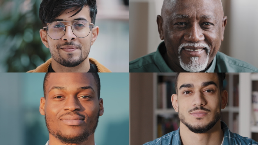 Split screen collage headshot diverse happy men smiling white healthy smile joyful customers satisfied with service successful multiethnic males different ages posing close-up businessmen portrait | Shutterstock HD Video #1097360679