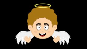 animation of the face of a child angel cartoon with a cheerful expression, moving his wings and waving with his hands. On a transparent background .