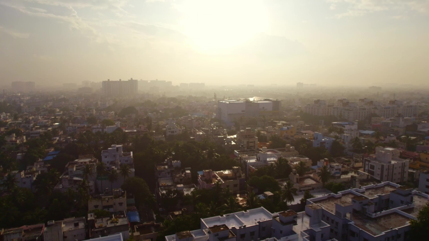 Aerial Drone Shot Of Sunrise Early In The Morning In Chennai City, India Royalty-Free Stock Footage #1097363789