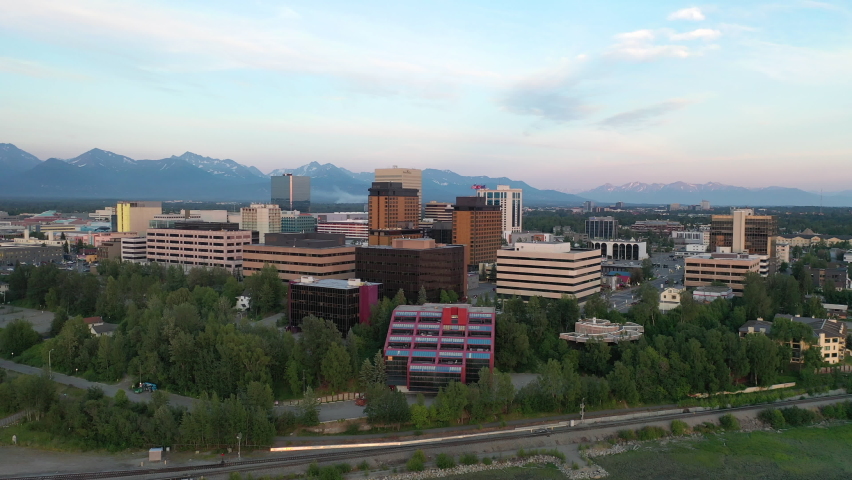 Anchorage Alaska skyline Aerial view at sunset