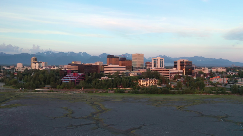 Anchorage Alaska skyline Aerial view at sunset