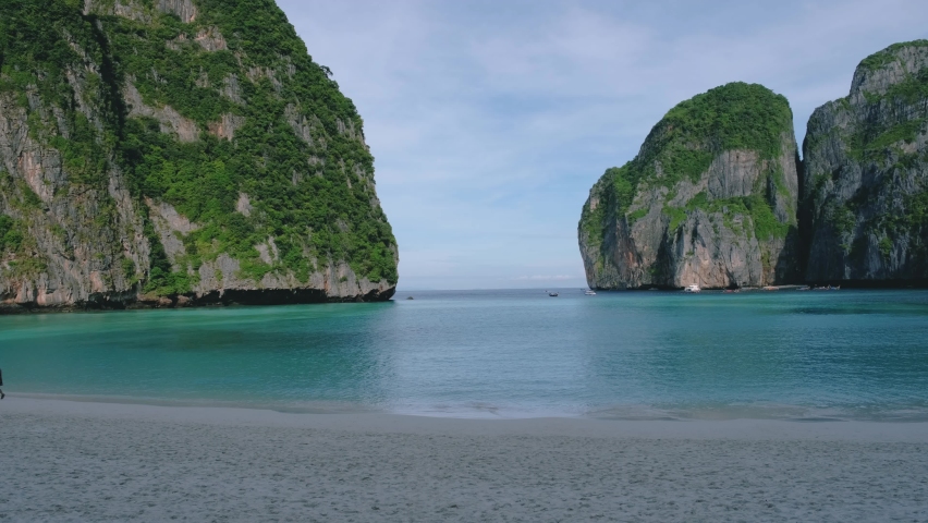 Empty Maya beach in the early morning with no tourists on the beach at Koh Phi Phi Thailand | Shutterstock HD Video #1097364681