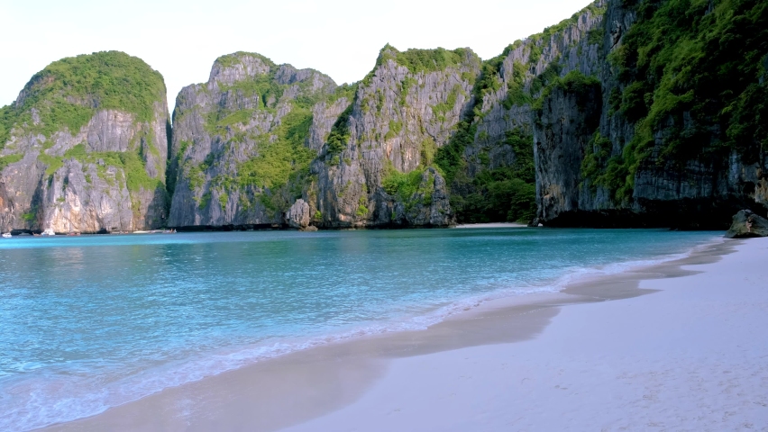 Koh Phi Phi Thailand empty Maya beach in the morning with no tourists on the beach of Maya Bay | Shutterstock HD Video #1097364689