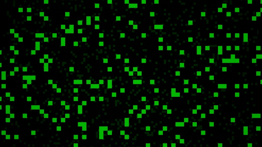 Abstract retro animation in the style of 8 bit flying green pixels on black background. 3d motion render graphic backdrop. 3D Illustration