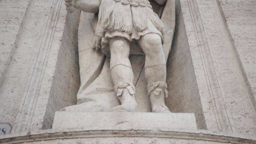 Charlemagne Statue On The Facade Of San Luigi dei Francesi Church In Rome, Italy. low angle, tilt-up reveal