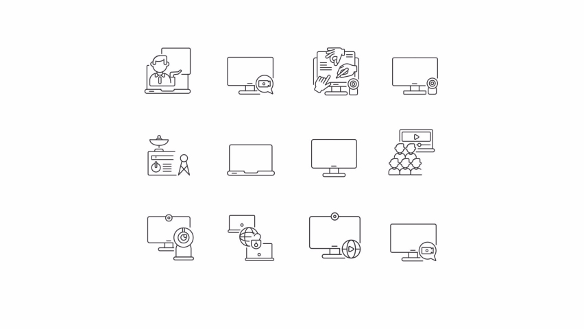Animated web chat linear icons set. Video conference technology. Online call. Seamless loop HD video with alpha channel on transparent background. Outline motion graphic animations pack
