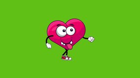 Heart Cartoon Character walking. 4K Animation Video Motion Graphics On Green Screen. Cartoon Character Loopable Animation, Chroma key. Happy Valentine's Day!