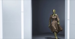 3D Fashion Show: Virtual Model Walking by the Metaverse Podum. Fashionable Brown Dress. Meetings in Virtual Space, Artificial World. Concept of Gamification and Realization of NFT. 3D Illustration