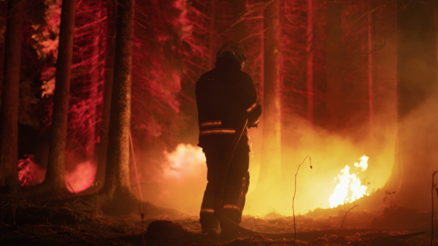 Portrait from the Back of a Professional Firefighter Methodically Extinguishing a Forest Fire with the Help of a Fire Hose. Firemen Team Rescuing Wildland from Uncontrollable Brushfire. Royalty-Free Stock Footage #1097382919