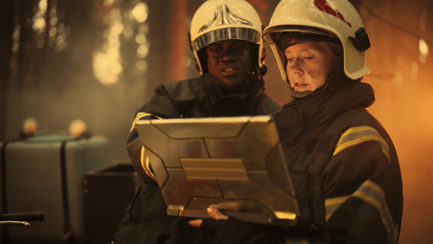 Professional Firefighters Extinguishing Forest Fire: Female Squad Leader Talking with African American Fireman, Using Laptop Computer Near Wildfire, Discussing the Situation. Close Up Slow Motion Shot Royalty-Free Stock Footage #1097383007
