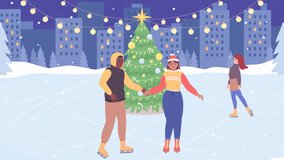 Animated ice skating illustration. Christmas activity. Ice rink. Romantic date. Looped flat color 2D cartoon characters animation on decorated background. HD video with alpha channel - Powered by Shutterstock - Get 15% off with code: PIKWIZARD15
