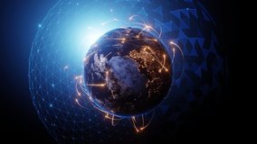 4K resolution, Tech Earth Globalization networking, orange line lights transmit data, Transfer speed data internet, triangle digital data, zoom out camera. - Powered by Shutterstock - Get 15% off with code: PIKWIZARD15