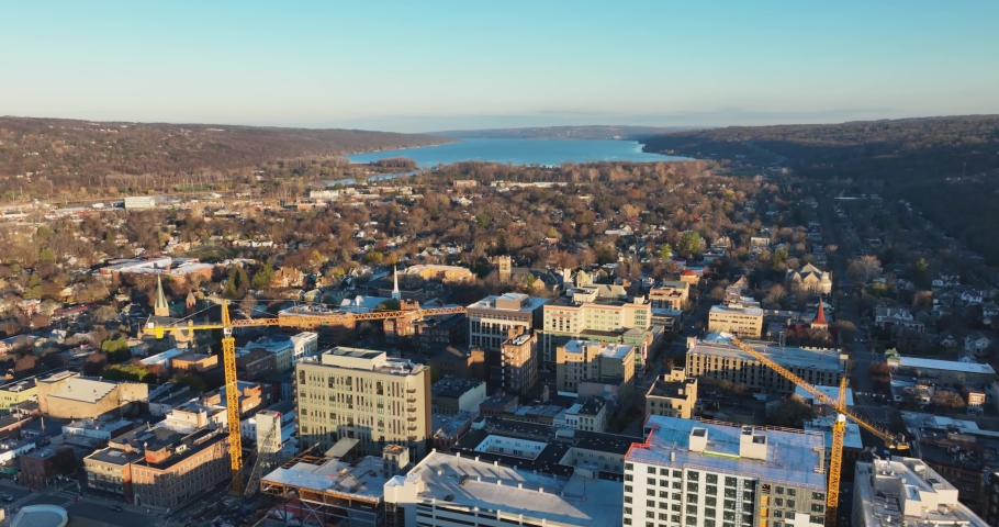 11-19-2022, Early morning autumn aerial video of the area surrounding the City of Ithaca, NY, USA	