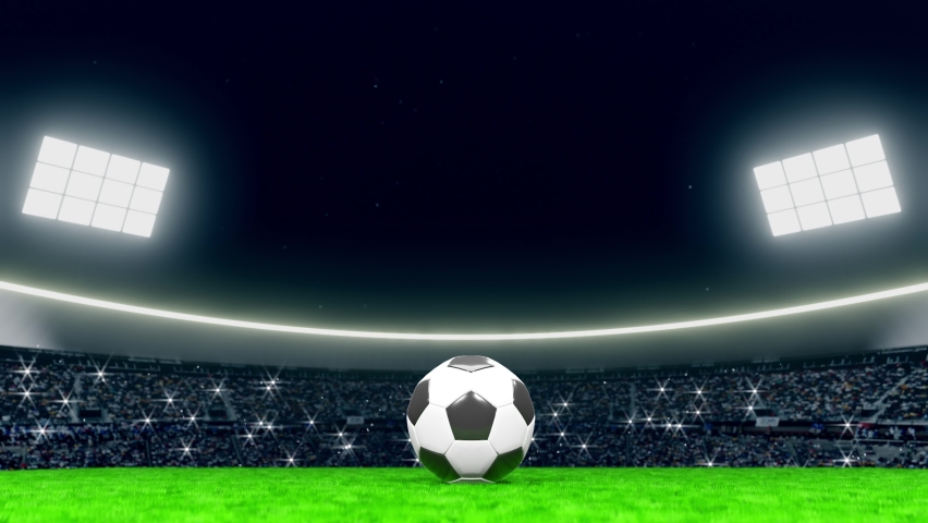 National Flags of England and Senegal opening from top. Football or soccer ball on a green field of a floodlit stadium full of crowd flashing cameras. 3D render.