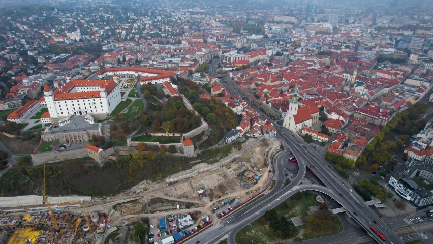 Aerial view of the city capitol Bratislava in Slovakia on a cloudy day in autumn.	