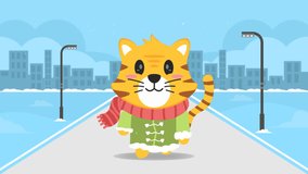 Cute cat walking in snowfall, winter city background cartoon 2D animation