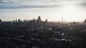 London Skyline, morning light, super view, Establishing Aerial View Shot of London UK, United Kingdom, slow circling right