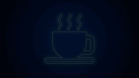 Glowing neon line Cup of tea icon isolated on black background. 4K Video motion graphic animation.