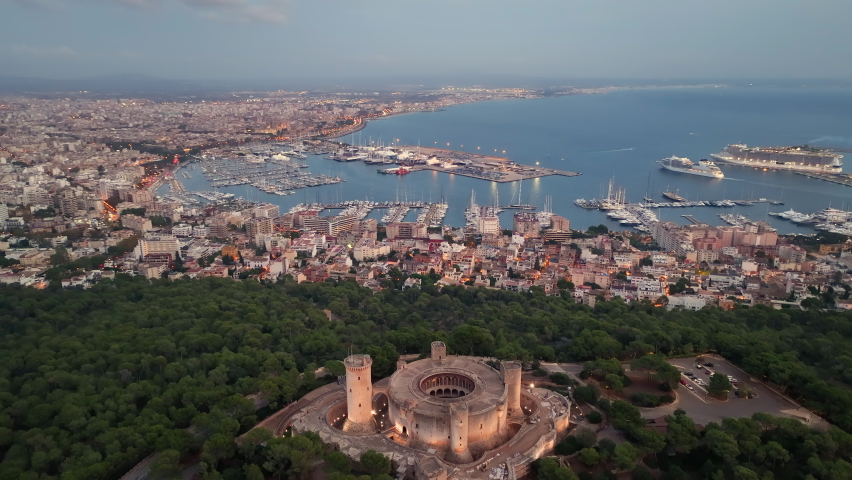 Aerial view of Palma de Mallorca cityscape. Cathedral La Seu of Santa Maria Royal Palace of La Almudaina. Balearic Islands. Spain