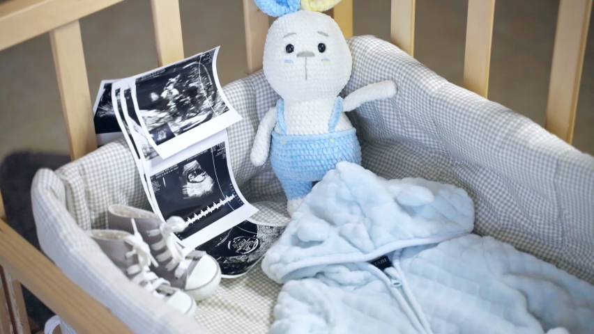 Wooden baby crib prepared for childbirth, ultrasound scan baby pictures, knitted bunny toy and baby shoes inside the crib, parents ready for their beloved baby boy arrival, parenthood and family