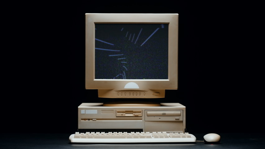 Retro pc with chroma key green screen, Old computer studio close-up, Desktop vintage retro wave display, late 90s PC mock up for 3d motion design and advertising.  Royalty-Free Stock Footage #1097399529