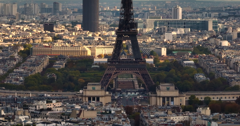 Aerial drone view of Paris in sunny day. Cityscape of Paris. France Paris drone shot, aerial view flying over Trocadero looking at Tour Eiffel cloudy. Cityscape aerial view. Aerial drone footage | Shutterstock HD Video #1097399981