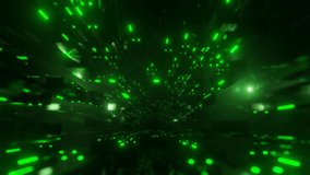 Blocks in air. Large space. Fly through technology cyberspace with green neon glow. Sci-fi flight through hi-tech technology tunnel. Hologram and neon light. 3d looped seamless 4k bg. 3D Illustration - Powered by Shutterstock - Get 15% off with code: PIKWIZARD15