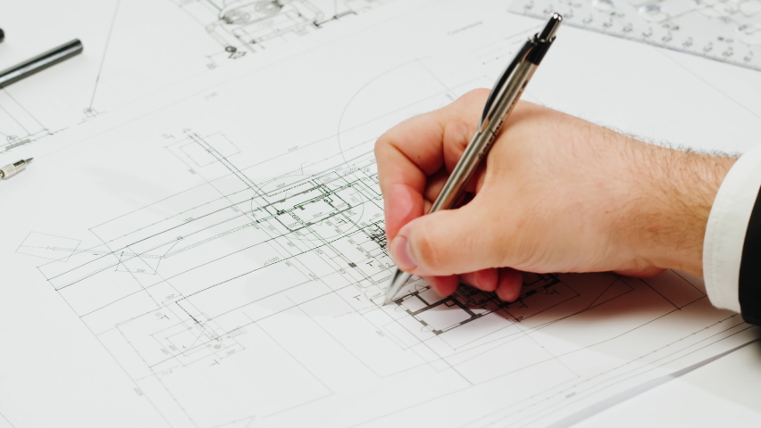 Architect man drawing plan blueprint close-up. Professional designer engineer working, interior creator making architectural house project, drafting building. | Shutterstock HD Video #1097400895