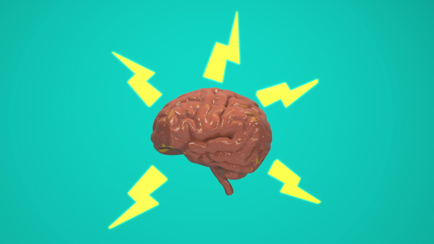 Electric smart brain - Human brain thinking with lightning bolts pulsating from great idea and being smart. 3d render animation Royalty-Free Stock Footage #1097401291