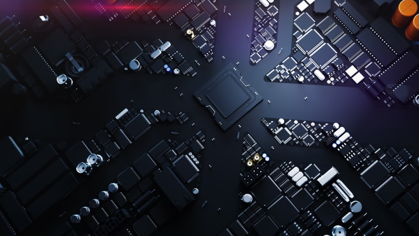 stylized city consisting of chips and computer components on a printed circuit board in the center of a powerful CPU with the title AI. animation on the theme of technology  Royalty-Free Stock Footage #1097403449