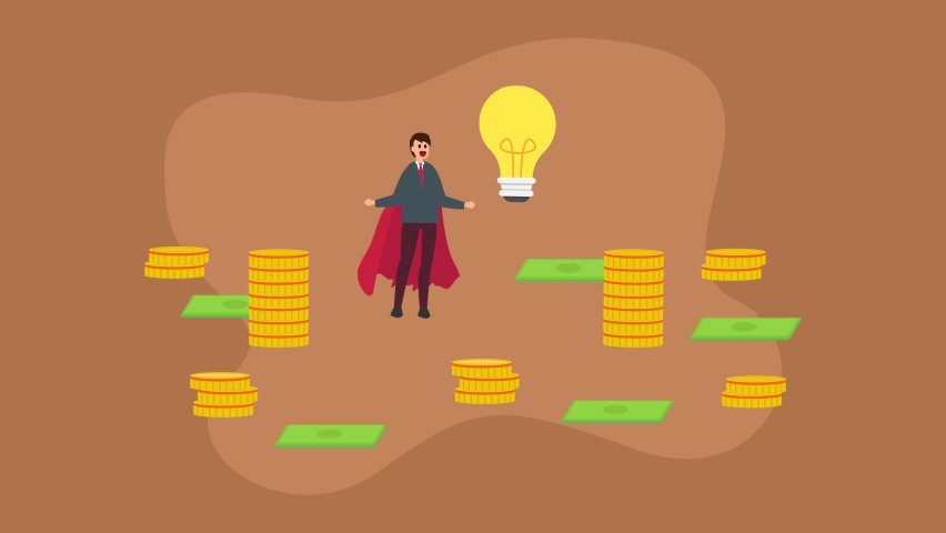 Male manager animation wearing red cape while flying with money and light bulb. Cartoon in 4k resolution | Shutterstock HD Video #1097404543