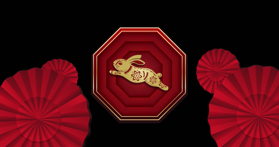 Animation of chinese traditional decorations and rabbit on red background. Chinese new year, festivity, celebration and tradition concept digitally generated video.