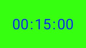 Stylish 15 seconds digital countdown clock timer. Blue text number on Green Screen Chroma Key background. Simple and minimal 4K footage motion graphic. 6 digits