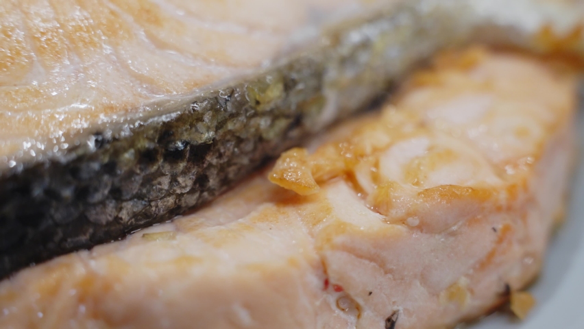 Macro Shot Of Attractive Juicy Salmon Fish Slices Prepared For Sushi Dish | Shutterstock HD Video #1097410433