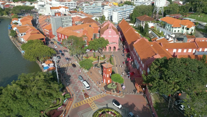 Aerial view of Dutch Square in Malacca with Stadthuys, Christ Church, Clock Tower Royalty-Free Stock Footage #1097411445