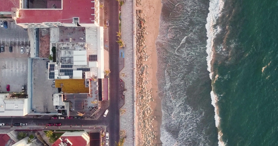 Seaside Coastal Aerial View of Olas Altas Beach Shore Boardwalk Esplanade, Mazatlan Mexico, Waterfront Landscape of Touristic Area, Aerial Top Down View