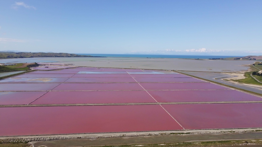 Bright pink Salt works ponds with Ocean in the background. Aerial arching shot