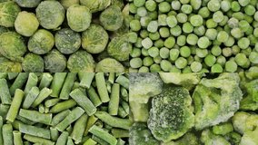 Multi screen different types Frozen green vegetables Green beans, broccoli, Brussels sprout, pea