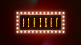 Jackpot. Golden capital letters framed by illuminated light bulbs. Winning, casino, gambling, roulette, bingo and entertainment events. 3D animation