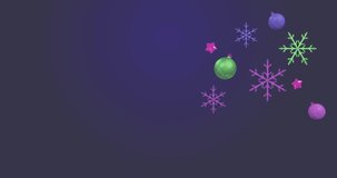 Animation of christmas greetings text and decorations on purple background. Christmas, festivity, celebration and tradition concept digitally generated video.